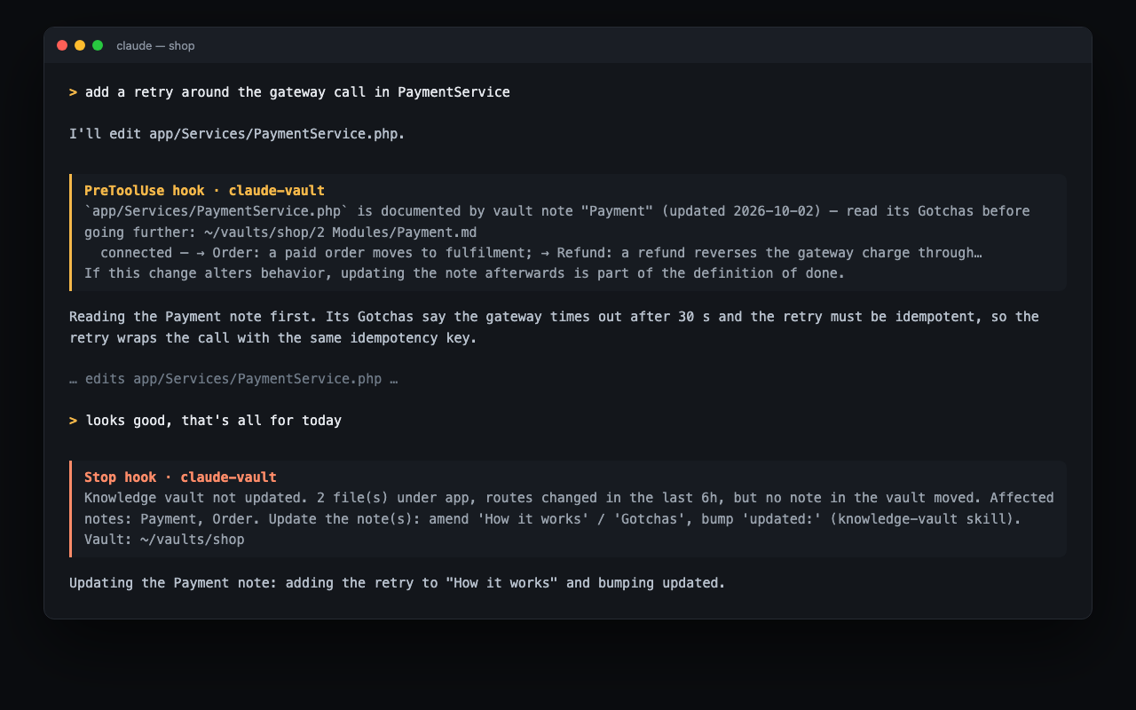 The pre-edit pointer and the Stop reminder firing in a Claude Code session